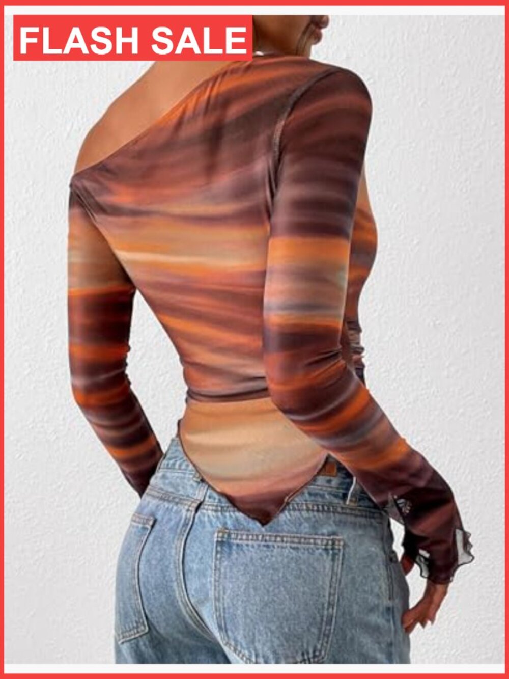 Slim Fit Off Shoulder Mesh Blouse Long Sleeve Asymmetrical Ruched Top - Picture 5 of 7